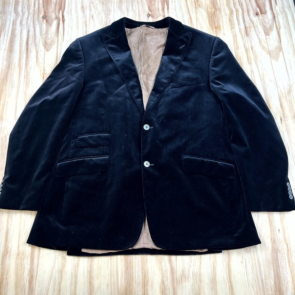 Kroon Blazer Men 44R Black Corduroy Lined Two-Button Jacket Dark Academia Office